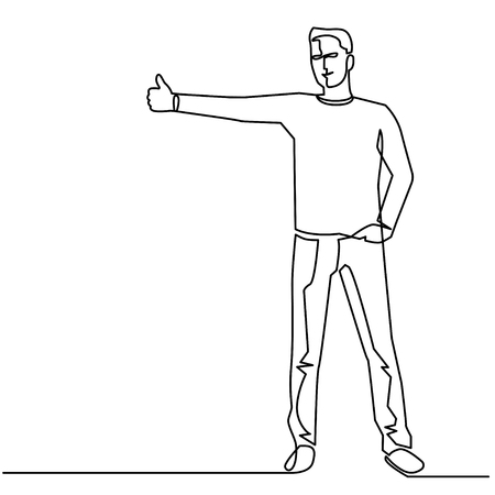 Continuous Line Drawing of Vector Hitchhiking on the road. Man with a backpack stopped a ride by thumbing. Isolated illustration of hitchhiker.のイラスト素材