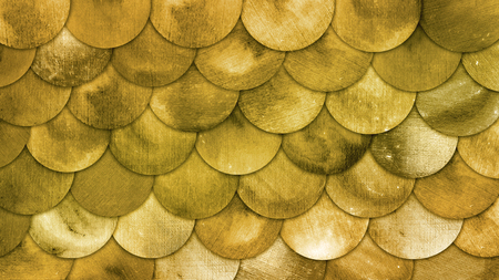 Magic Mermaid Golden Scales Watercolor Fish Squame Background. Bright Summer brassy pattern with reptilian scales abstractの写真素材