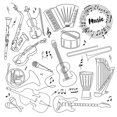 Continuous line drawing of Musical instruments linear icons set. Orchestra equipmentのイラスト素材