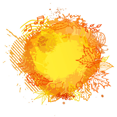 Vector illustration of grunge orange watercolor spot banner with Autumn leaves and paint splashes isolated on white background.のイラスト素材
