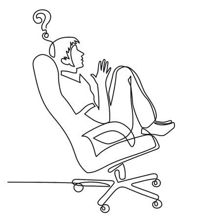 continuous line drawing of young man in an office chair reflects on work, brainstorming an employee, a designer in profile one line vector illustrationのイラスト素材