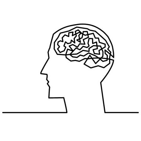 Continuous one line drawing men head and brain inside.The concept of thinking ideas inside the persons head. Vector illustration.のイラスト素材