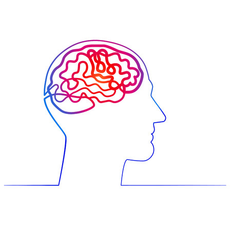 Continuous one line drawing men head and brain inside.The concept of thinking ideas inside the persons head. Vectorのイラスト素材