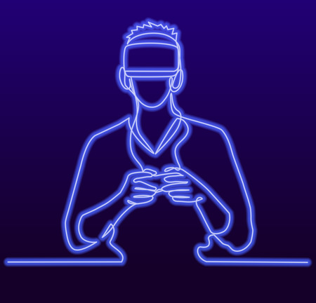 Continuous Line Drawing of Vector Man wearing virtual reality headset. Abstract vr world with neon lines. Vector illustration One line style fluorescentのイラスト素材