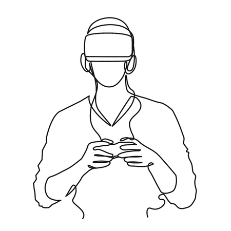 Continuous one line drawing Man in glasses device virtual reality, VR Headset Icon vector simple outline imageのイラスト素材