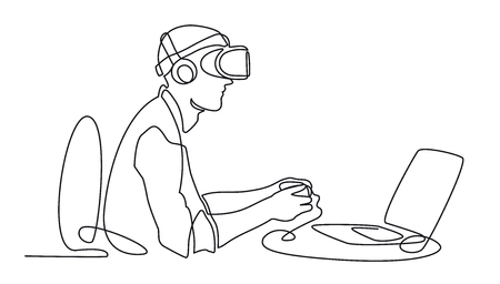 Continuous one line drawing Man in glasses device virtual reality working behind computer, VR Headset Icon vector simple outline illustrationのイラスト素材