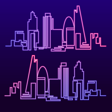 Continuous Line Drawing of Vector skyline the night city of neon glow is burning. One line style fluorescent London cityscape. Simple modern minimalistic style metropolisの写真素材