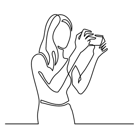 continuous line drawing of woman making photos with smartphone cameraのイラスト素材