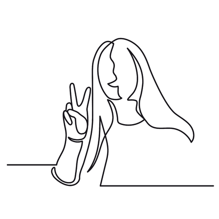 Continuous Line Drawing of Vector Sign of victory. The gesture of the hand one line. Girl shows Two fingers raised up. Vectorの写真素材
