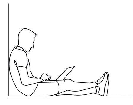 continuous line drawing of a guy sitting with laptop computer. One line vector illustration man outdoors at work on the computer.の写真素材