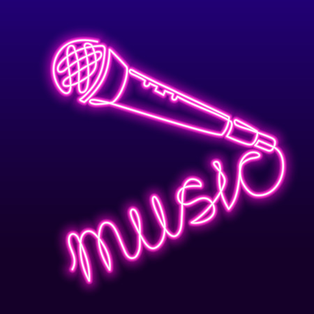 Continuous Line Drawing of Vector wired microphone icon. Karaoke neon sign, bright signboard, light banner. Karaoke Bar logo, emblemのイラスト素材