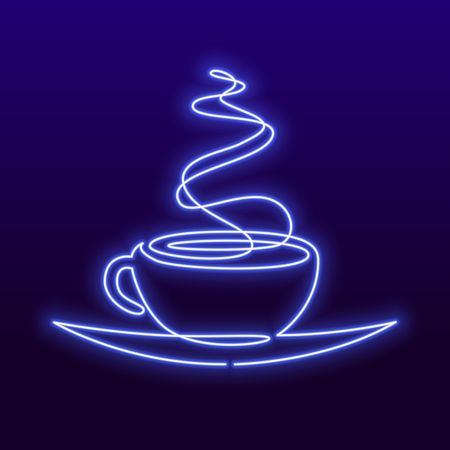 Continuous line drawing of cup of tea or coffee with steam linear icon. Vector neon sign, bright signboard, light banner hot drink illustrationの写真素材