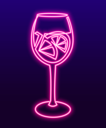 Continuous line drawing. Vector neon sign Wineglass with wine or coctail. One Line art of wine glass with citrus Fun concept celebrates. Vector illustrationの写真素材