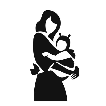 Simple Vector illustration mother with her baby in sling icon sticker. Wearing baby in slingの写真素材