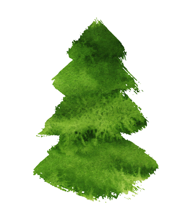 Christmas tree painted silhouette, isolated on white background, watercolor illustration for designの写真素材
