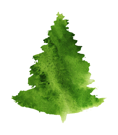 Christmas tree painted silhouette, isolated on white background, watercolor illustration for designの写真素材