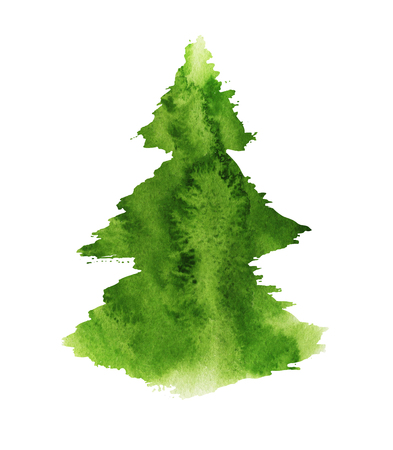 Christmas tree painted silhouette, isolated on white background, watercolor illustration for designの写真素材