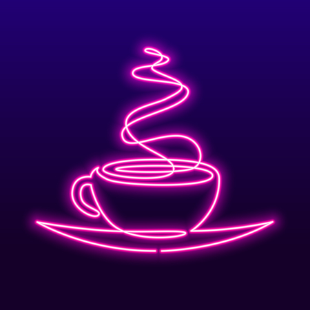 Continuous line drawing of cup of tea or coffee with steam linear icon. Vector neon sign, bright signboard, light banner hot drink illustrationのイラスト素材
