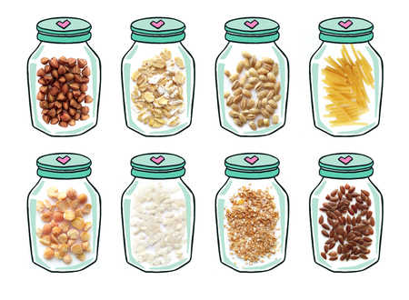 Cute collage kitchen tools, hand drawn illustration with different jars set: buckwheat, oatmeal, rice, millet, pease, noodle, barley, oats, flax. Clip art healthy diet food.の写真素材