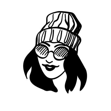 Beautiful young woman in stylish knitted Hat. Hand drawn fashionable woman portrait. Fashion lady. Winter outfit. Sketch.の写真素材