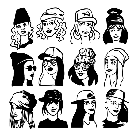 Vector black and white image of a young woman set in hip hop caps and knitted winter hats with a pompom. Vector logo hipster girl in fashionable glasses sketch style.の写真素材