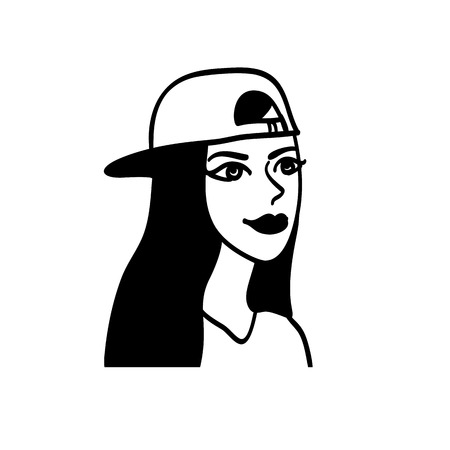 Vector black and white image of a young woman in hip hop cap. Vector illustration sketch girl portraitの写真素材