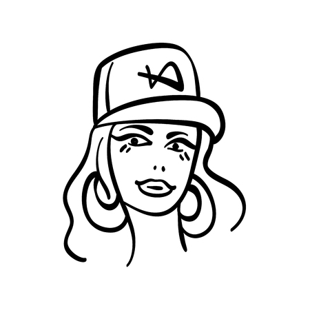 Vector black and white image of a young woman RnB style blonde with big round earrings and cap. Sketch vector illustration girl faceの写真素材