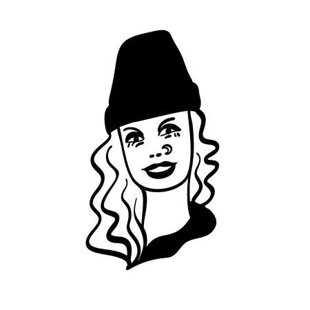 Beautiful young woman in knitted Hat pierced and wavy hair blonde. Hand drawn stylish woman portrait. Fashion lady. Winter outfit. Sketch.の写真素材