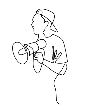 Continues line drawing of megaphone in the hands of a man icon. Social media marketing concept. Drawn by hand on white background. Vector illustration.の写真素材