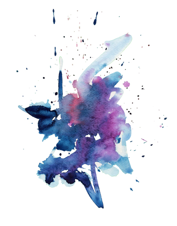 Abstract isolated colorful watercolor stain blue purple color. Grunge painted element for paper design.の写真素材