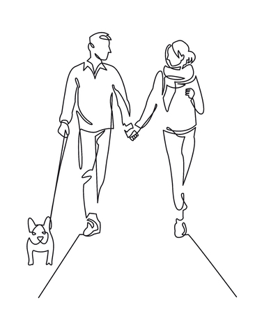 Young couple walking dog continuous one line vector drawingのイラスト素材
