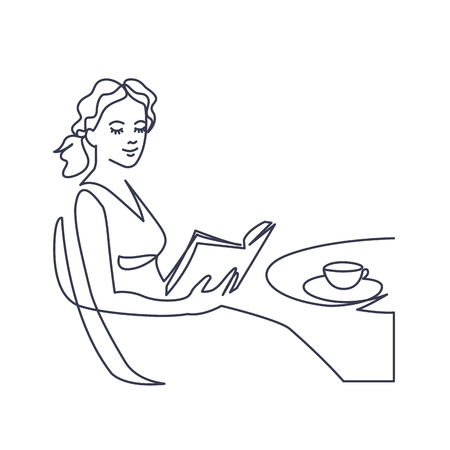 Young woman reading book continuous one line vector drawingの写真素材