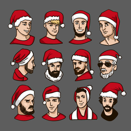 Christmas party. Celebrating New Year. Group of people in red Santas hat Vintage Hand Drawn Gentleman Set. Mens clothing winter cartoon bright color Vector illustration.のイラスト素材