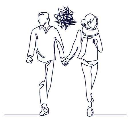 Young couple walking continuous one line drawing. Romantic unsuccessful date. Misunderstanding conflictの写真素材