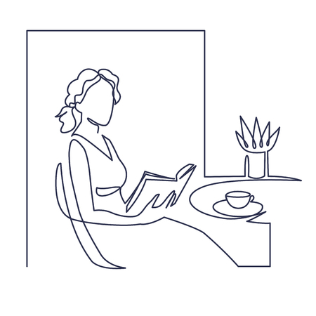 Young woman reading book continuous one line vector drawingの写真素材
