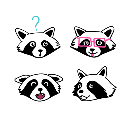 Hand drawn raccoon faces set. Collection isolated funny raccoon logos. Cartoon vector illustration raccoon Emotion in children style.のイラスト素材