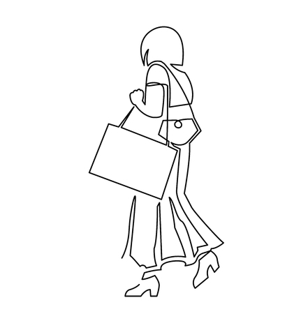 Hand drawn line art vector illustration of adult woman in long skirt walking to shop, view from back. Continuous one line drawing woman with bags goes to workの写真素材