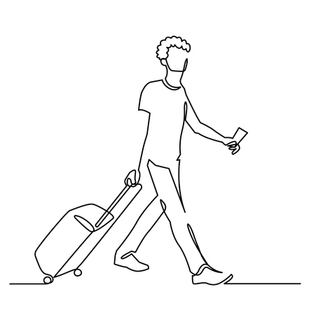 Tourist continuous one line vector drawing. Hand drawn man with suitcase. People at the airport. Traveler with baggage and plane ticket. Tourism. Outdoor recreation. Minimalistic contour illustrationの写真素材