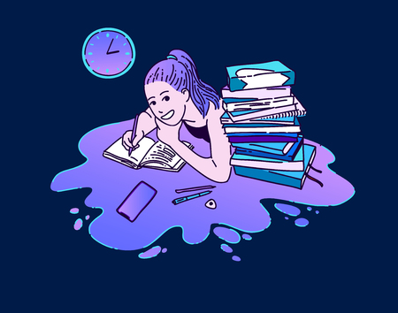 Girl doing homework at night flat hand drawn color illustration. Studying in the nighttime young woman cartoon character. Schoolgirl, teenager. Isolated vector drawing workplaceのイラスト素材