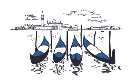 Piazza San Marco and Doge Palace sketch. Venice hand drawn vector illustration. Floating gondolas on canal. Black ink pen drawing. City architecture. Cityscape graphic composition. Travel postcardのイラスト素材