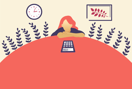 Woman sitting with calculator flat vector illustration. Upset female cartoon character. Budget planning, money charges clipart. Lady calculating expenses, costs, finance. Banner, poster color designのイラスト素材