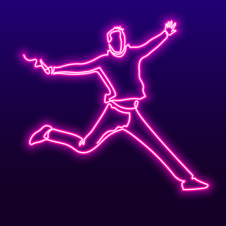 Happy young man continuous one neon line vector drawing. Cheerful male figure on blue gradient background. Jumping from happiness pink glowing person silhouette. Minimalistic contour illustrationのイラスト素材