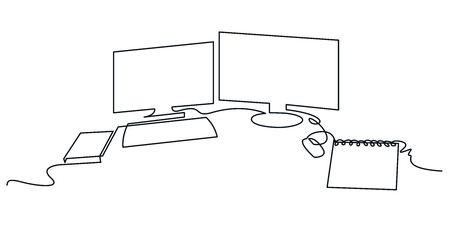 Modern workspace continuous one line vector drawing. Desktop hand drawn silhouette. Two computer monitors with keyboard, mouse and notebook. Workplace essentials. Minimalistic contour illustration