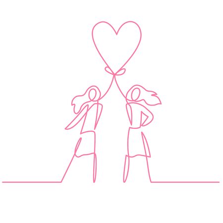 Two women holding heart continuous one line vector drawingのイラスト素材
