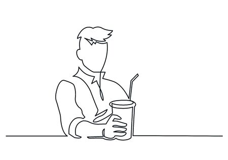 Man with paper glass continuous one line vector drawingのイラスト素材