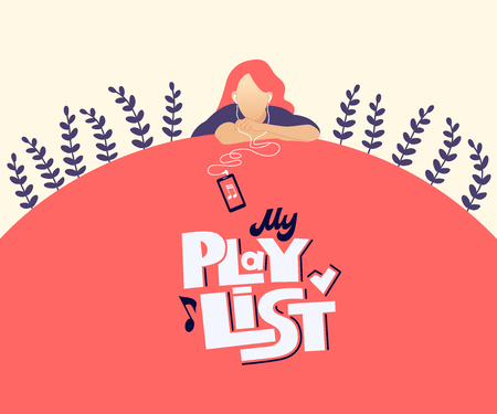 My playlist hand drawn stylized vector lettering. Young woman listen to music flat character. Sad teenage girl with earphones, smartphone cartoon clipart. Musical event poster, banner design templateのイラスト素材