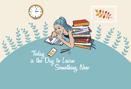 Girl doing homework hand drawn flat color illustration. Motivational handwritten lettering. Schoolgirl writing in notebook cartoon character. Learning student sketch clipart. Outline vector drawingのイラスト素材