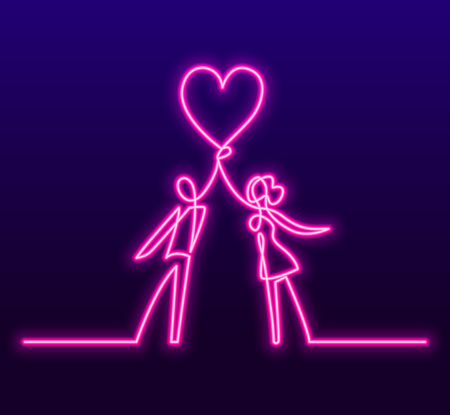 Man and woman holding heart continuous one neon line vector drawing. Romantic figures on gradient background. In love, dating, friendship pink glowing silhouettes. Minimalistic contour illustrationのイラスト素材