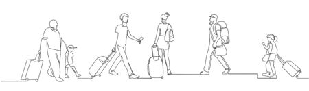 People walking with luggage continuous one line vector drawingのイラスト素材