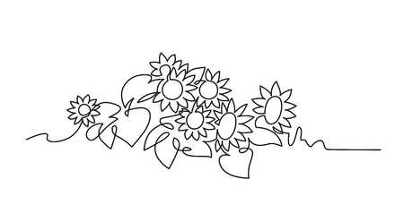 Sunflowers continuous one line vector drawing. Blooming flowers on field hand drawn silhouette. Floral sketch. Blossom minimalistic contour illustration. Nature, plants isolated design elementのイラスト素材